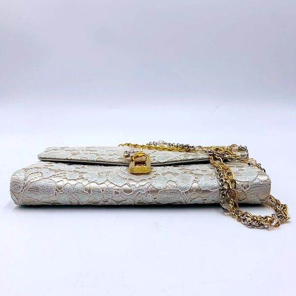 Auth Dolce & Gabbana Floral Lace Taormina Clutch Gold Silver Chains Straps - Picture 9 of 16